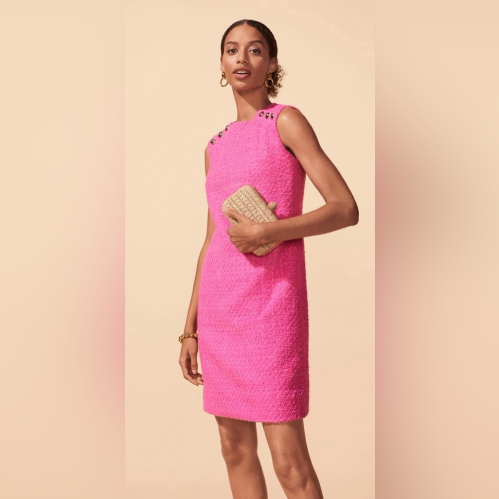 Ann Taylor Tweed Shoulder Button Shift Sleeveless Dress In Pink Size 4
